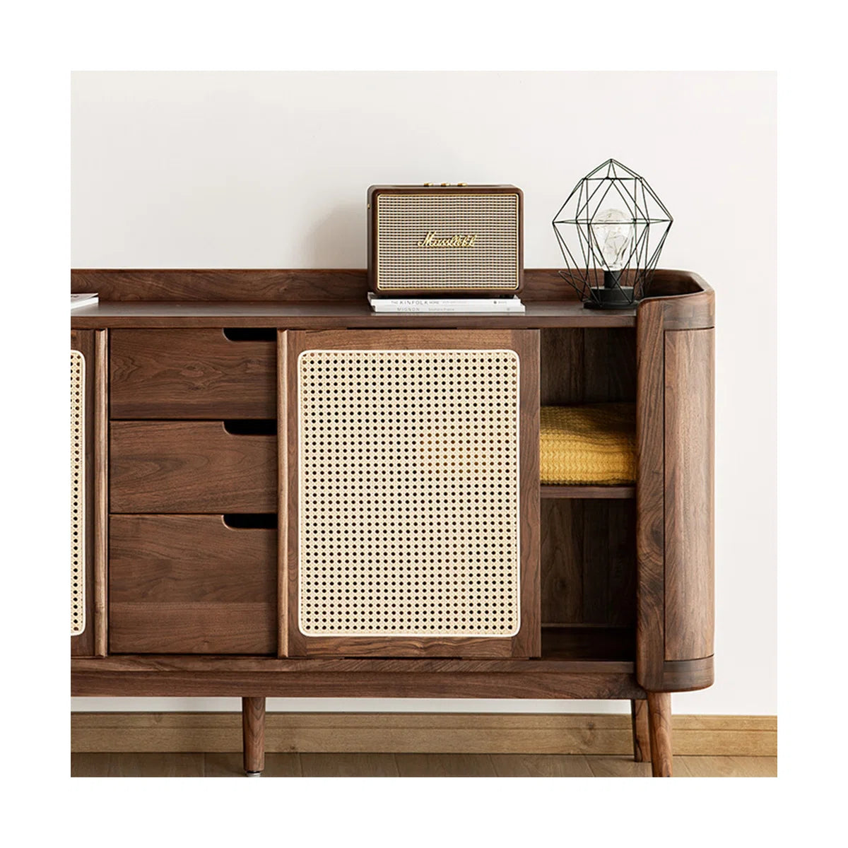 Modern White Oak Sideboard Cabinet with Rattan Sliding Doors and Storage Drawers