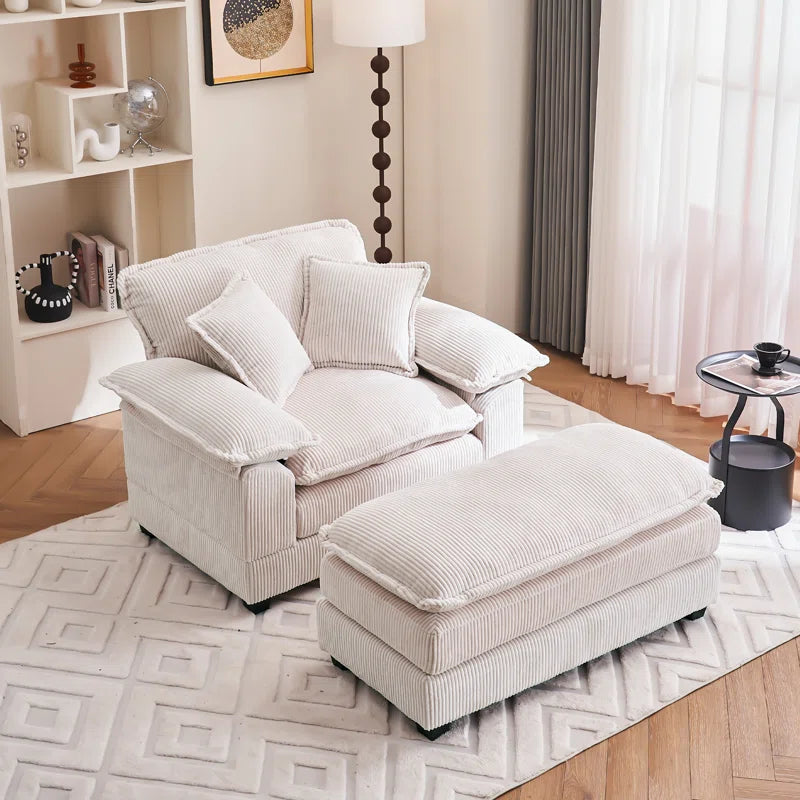 Corduroy Chaise Lounge Sofa with Solid Wood Frame & Ottoman