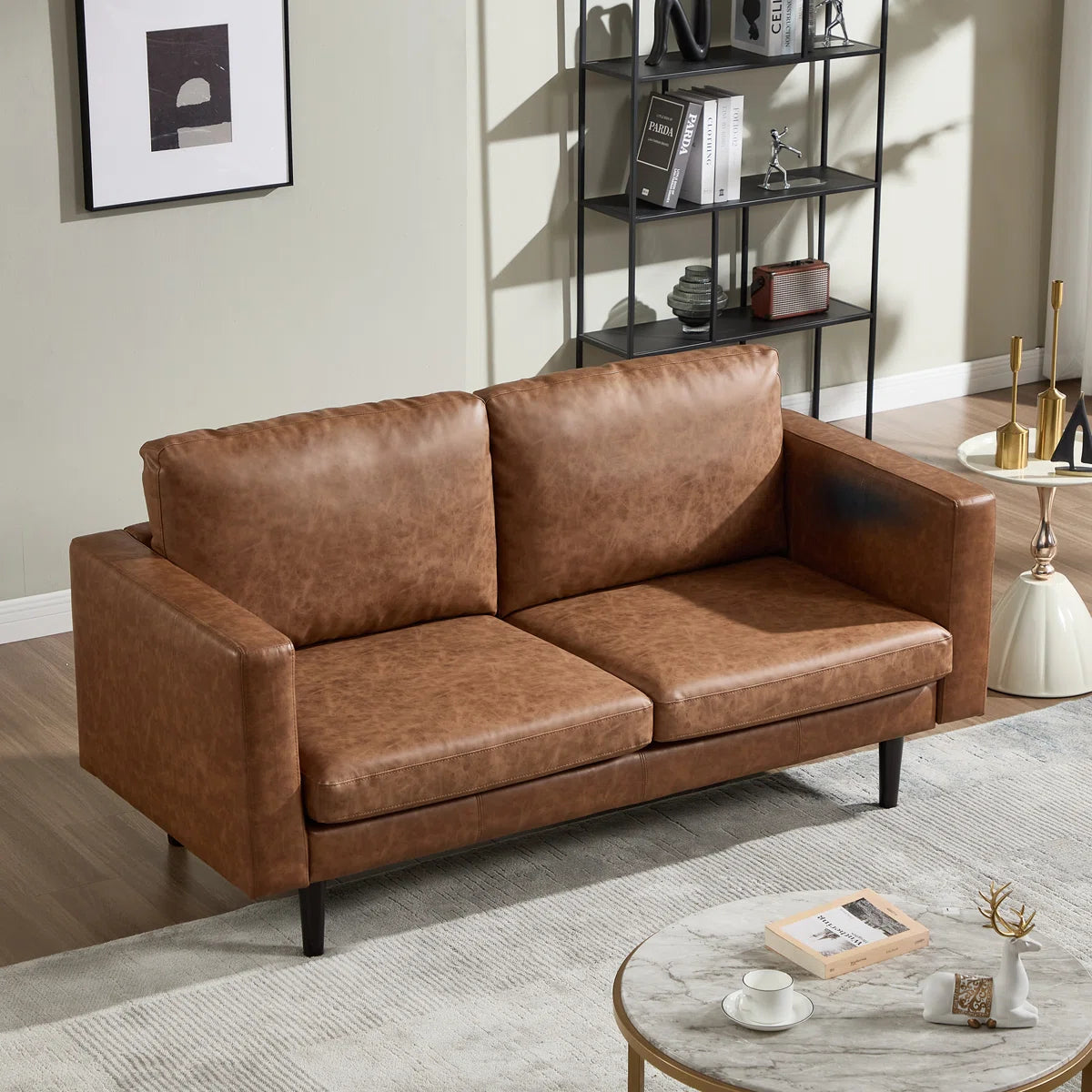 Mid-Century Faux Leather Loveseat – 65"