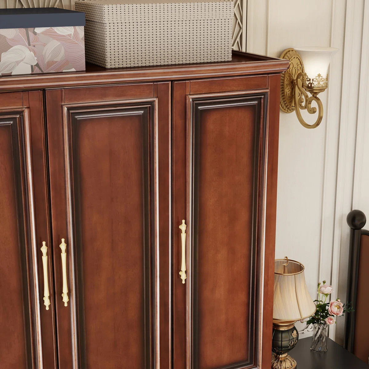 Solid Cherry Wood Wardrobe Armoire with with 3 Drawers & 2 Hanging Rods, 70.87"H