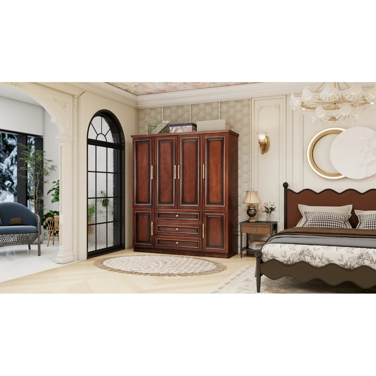 Solid Cherry Wood Wardrobe Armoire with with 3 Drawers & 2 Hanging Rods, 70.87"H
