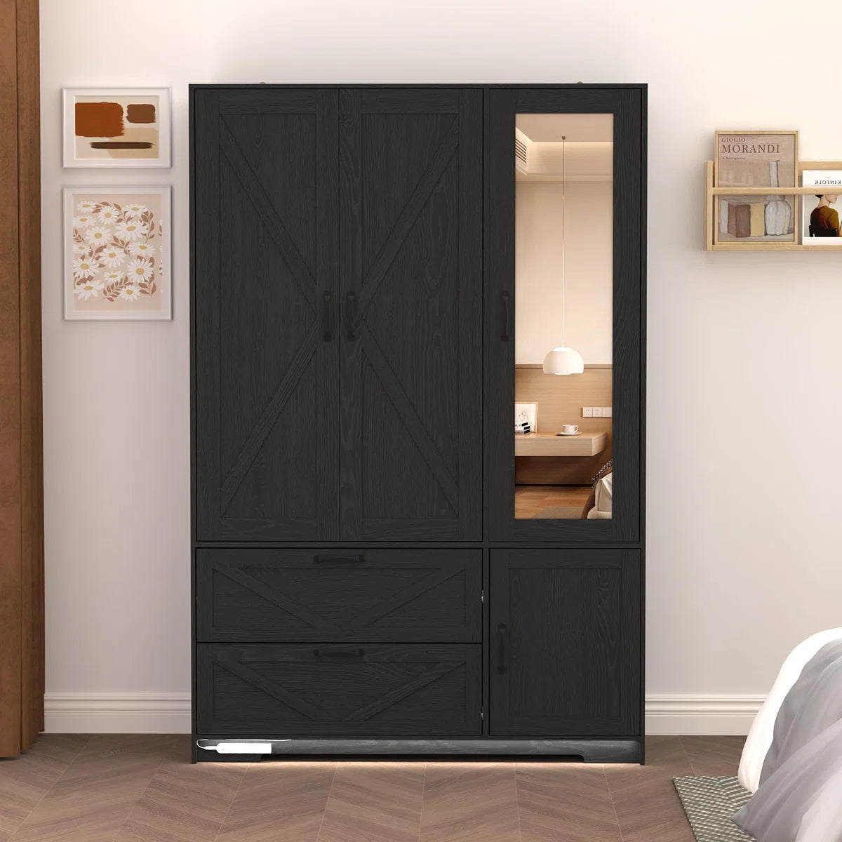 Farmhouse 3 Doors Armoire Wardrobe With 2 Drawers And Adjustable Shelves