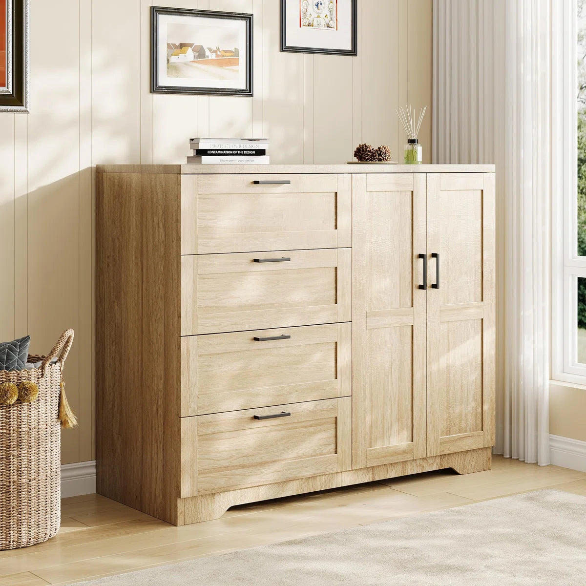 43.3" H Armoire Wardrobe Closet with 4 Drawers and 2 Doors, Hanging Rod, Multifunctional Wooden Dresser with Storage Closet, Bathroom Cabinet for Bedroom