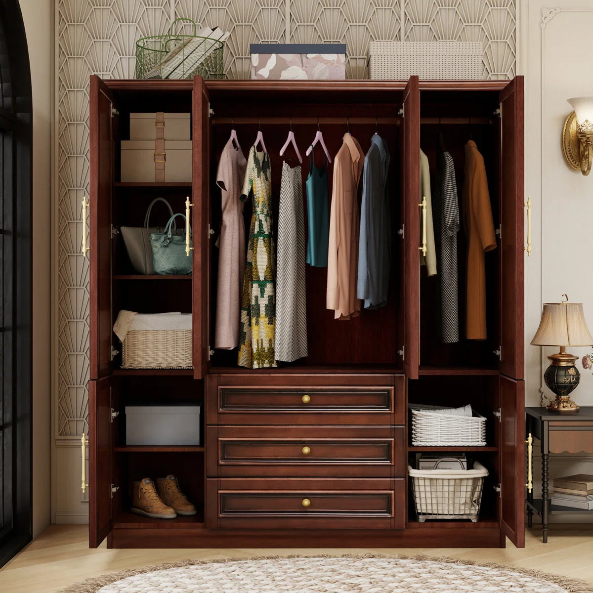 Solid Cherry Wood Wardrobe Armoire with with 3 Drawers & 2 Hanging Rods, 70.87"H