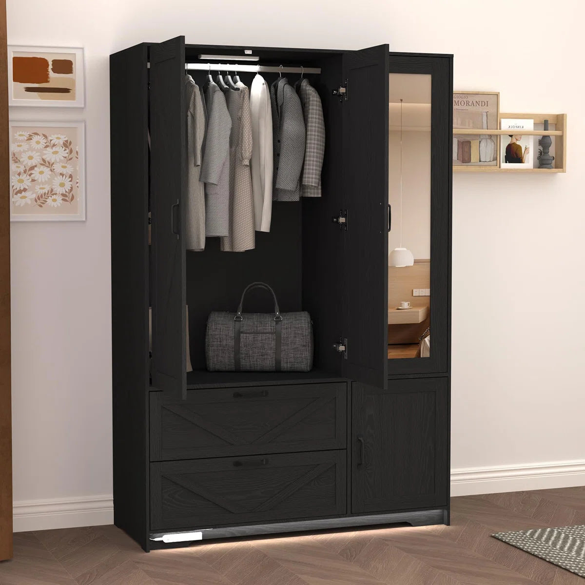 Farmhouse 3 Doors Armoire Wardrobe With 2 Drawers And Adjustable Shelves