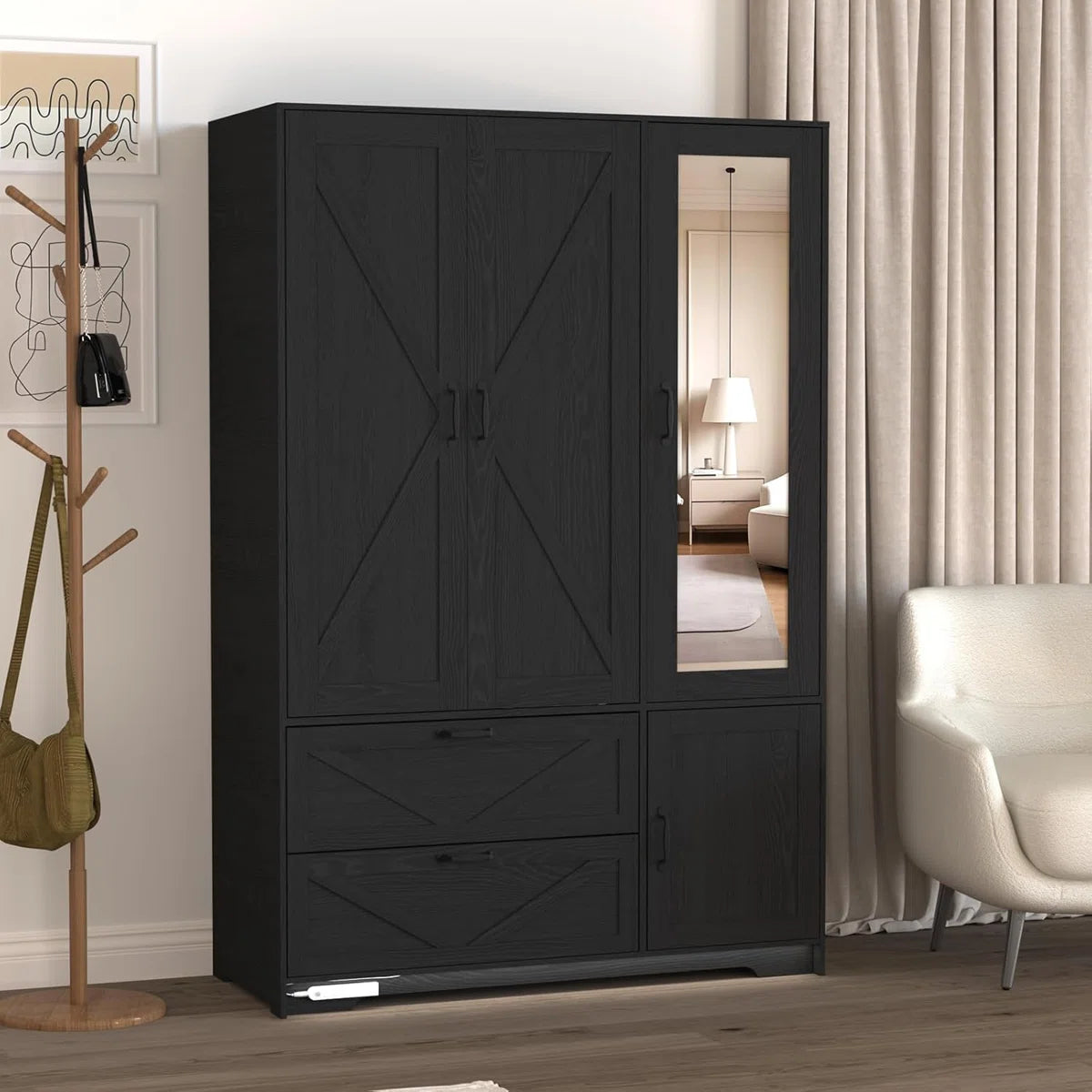 Farmhouse 3 Doors Armoire Wardrobe With 2 Drawers And Adjustable Shelves
