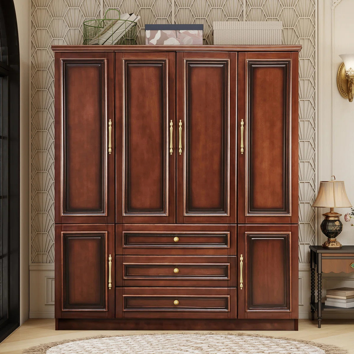 Solid Cherry Wood Wardrobe Armoire with with 3 Drawers & 2 Hanging Rods, 70.87"H