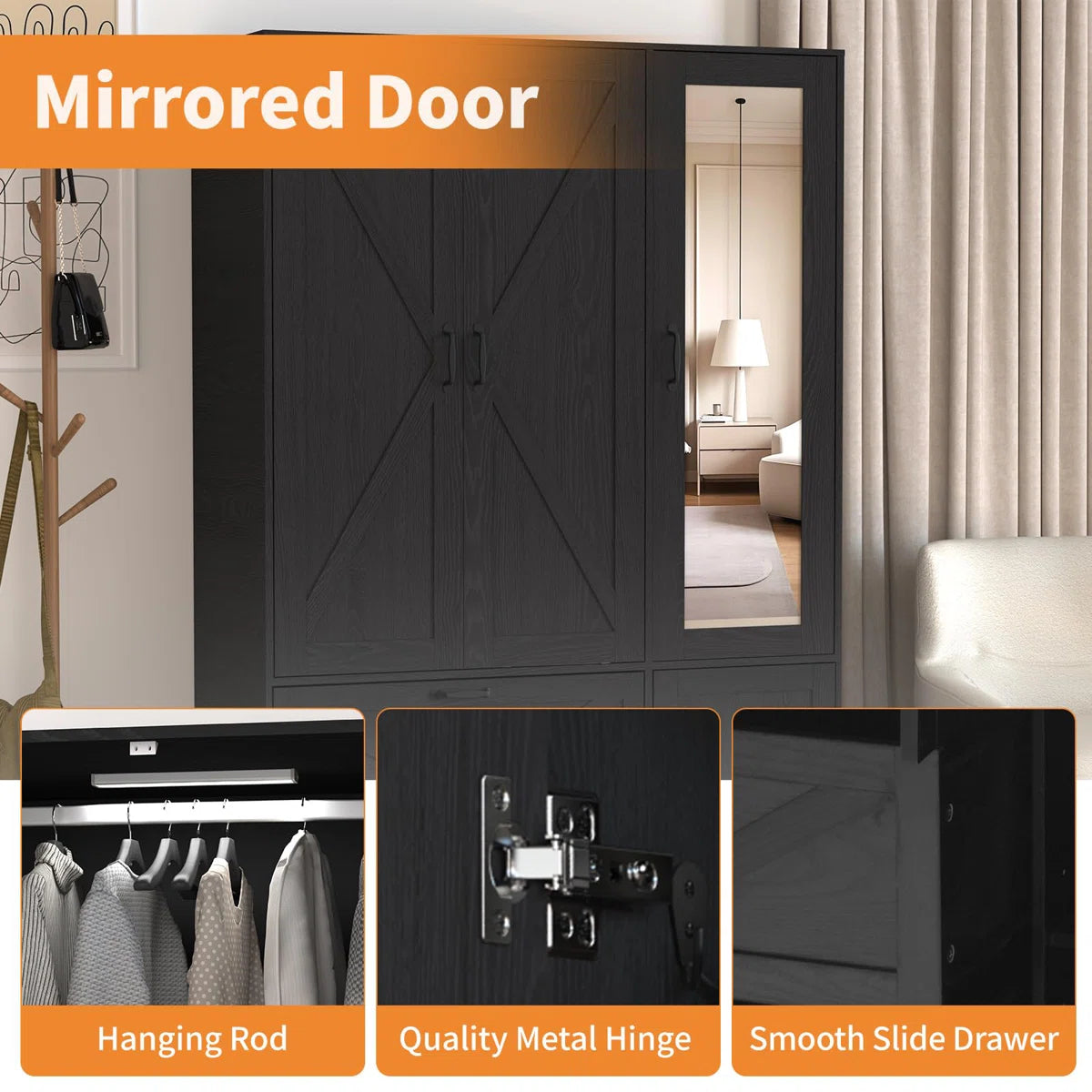 Farmhouse 3 Doors Armoire Wardrobe With 2 Drawers And Adjustable Shelves