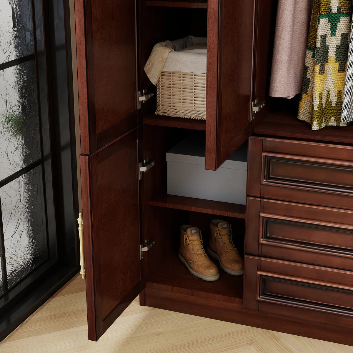 Solid Cherry Wood Wardrobe Armoire with with 3 Drawers & 2 Hanging Rods, 70.87"H