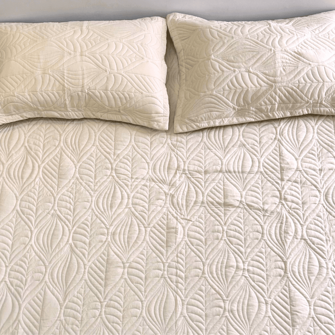 Cream Leaf Quilted bedspread - Ouch Cart 