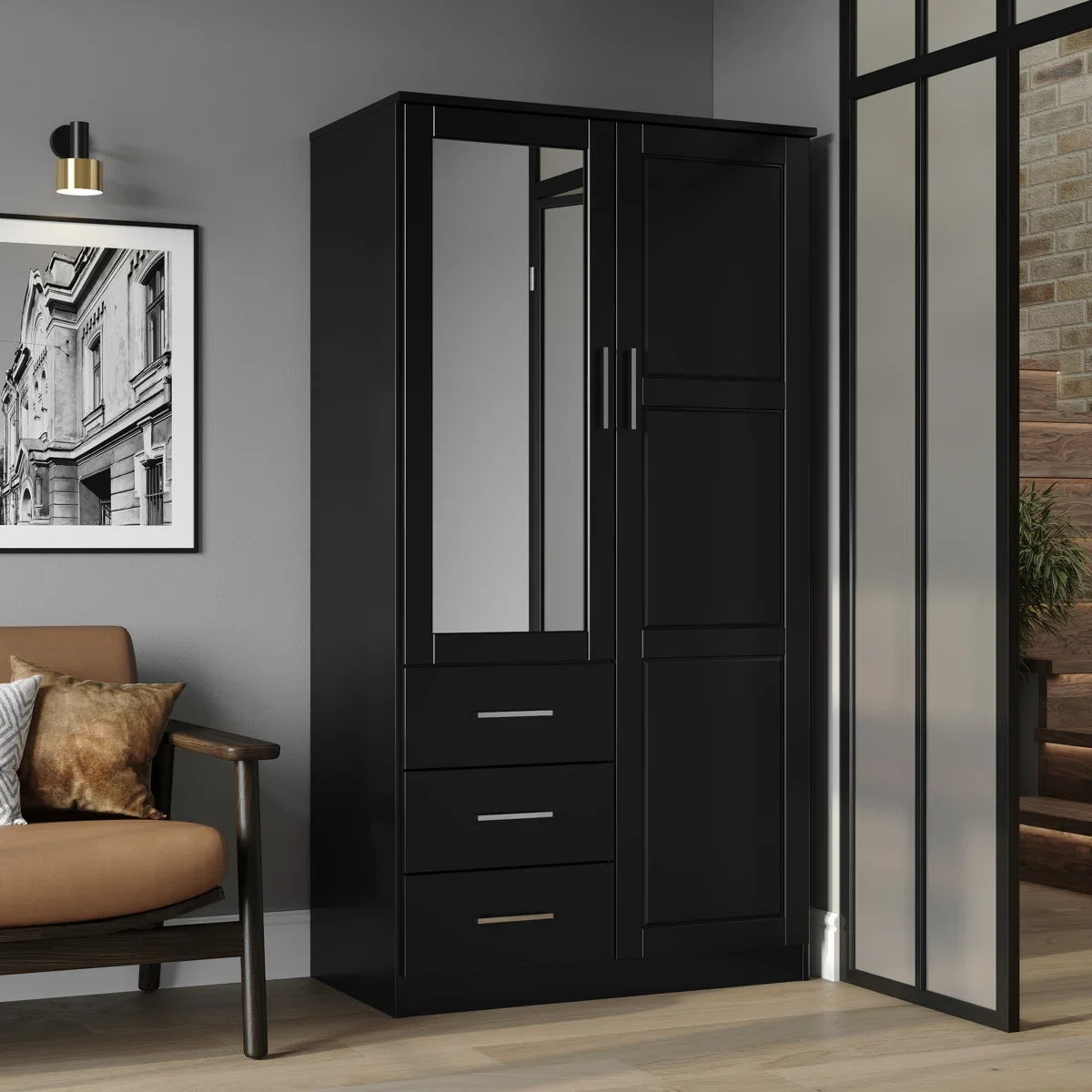 Metro 100% Solid Wood 2-door Wardrobe Armoire with Mirrored Door
