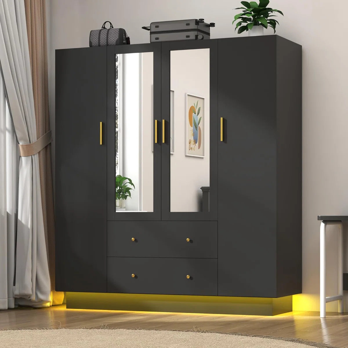 Armoire Wardrobe Closet With Mirror & Led Light, 4 Door Wooden Storage Cabinet With Drawers, Spacious Armoire With Hanging Rod & Adjustable Shelves