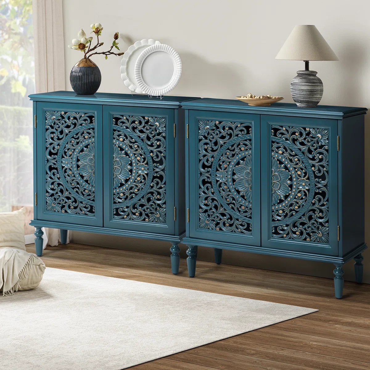 Breesford 32" Tall 2-Door Openwork Carving Accent Cabinet with Solid Wood Legs Set of 2