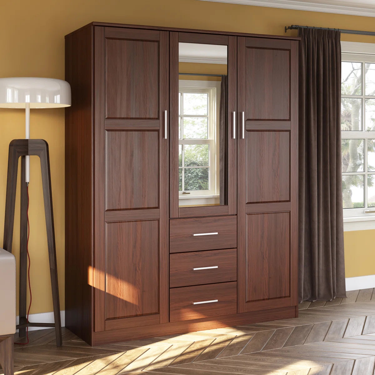 Aveah 100% Solid Wood 3-door Wardrobe Armoire with Mirrored Door