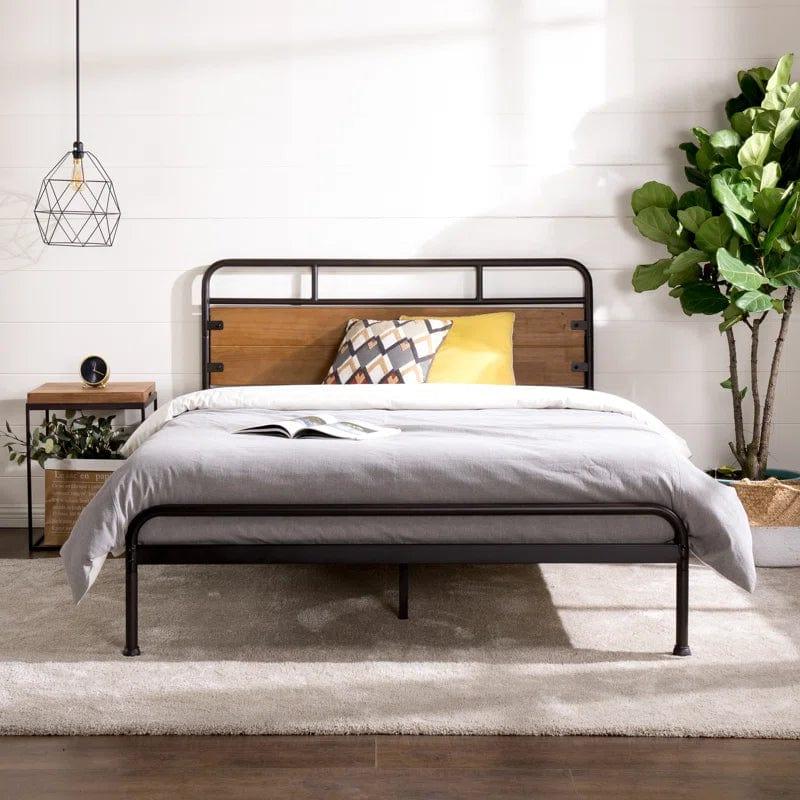 Barkev industrial Metal Bed Frame with Wood Detail Headboard - Ouch Cart 