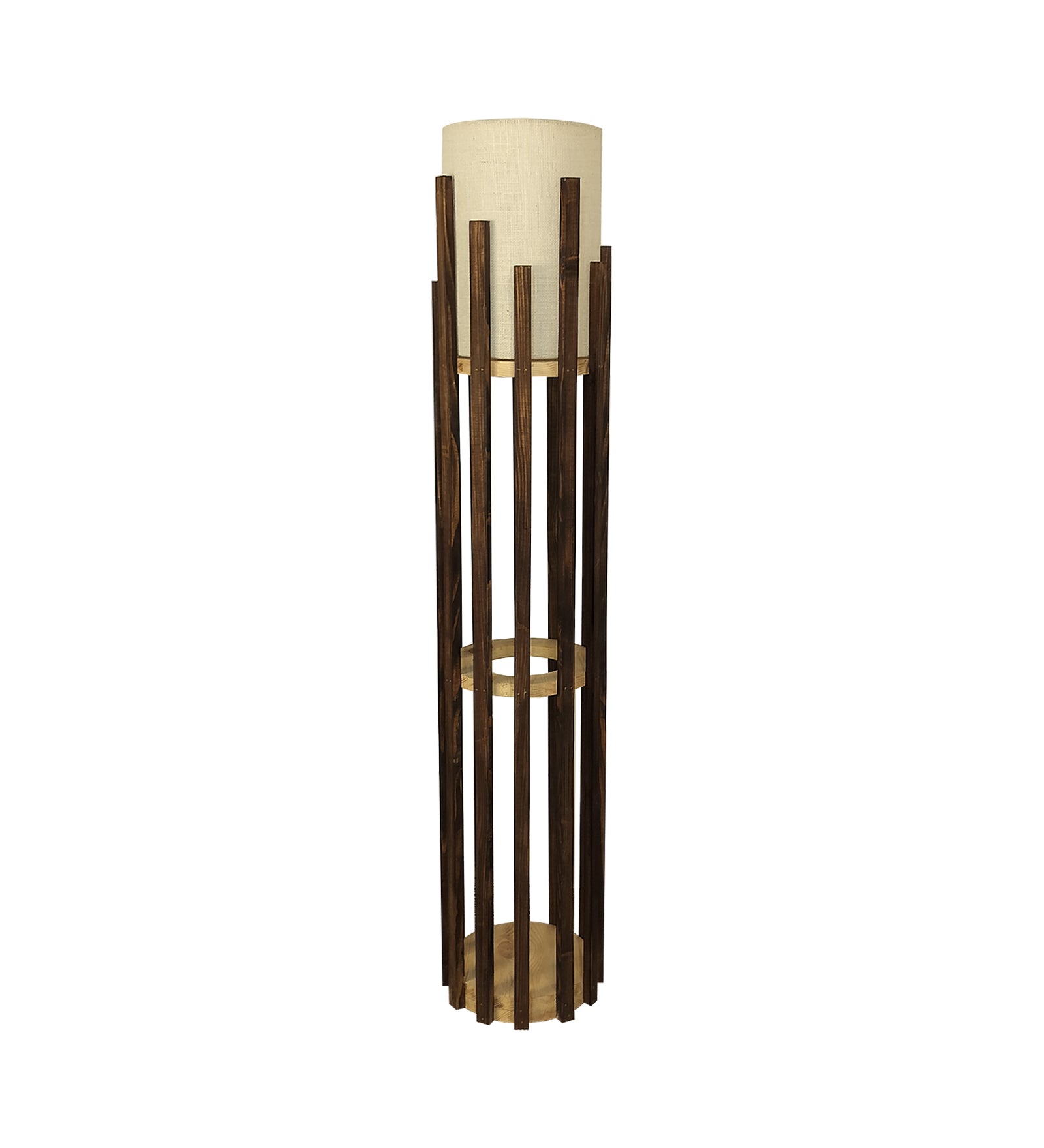 Emphasis Wooden Floor Lamp with Brown Base and Beige Fabric Lampshade