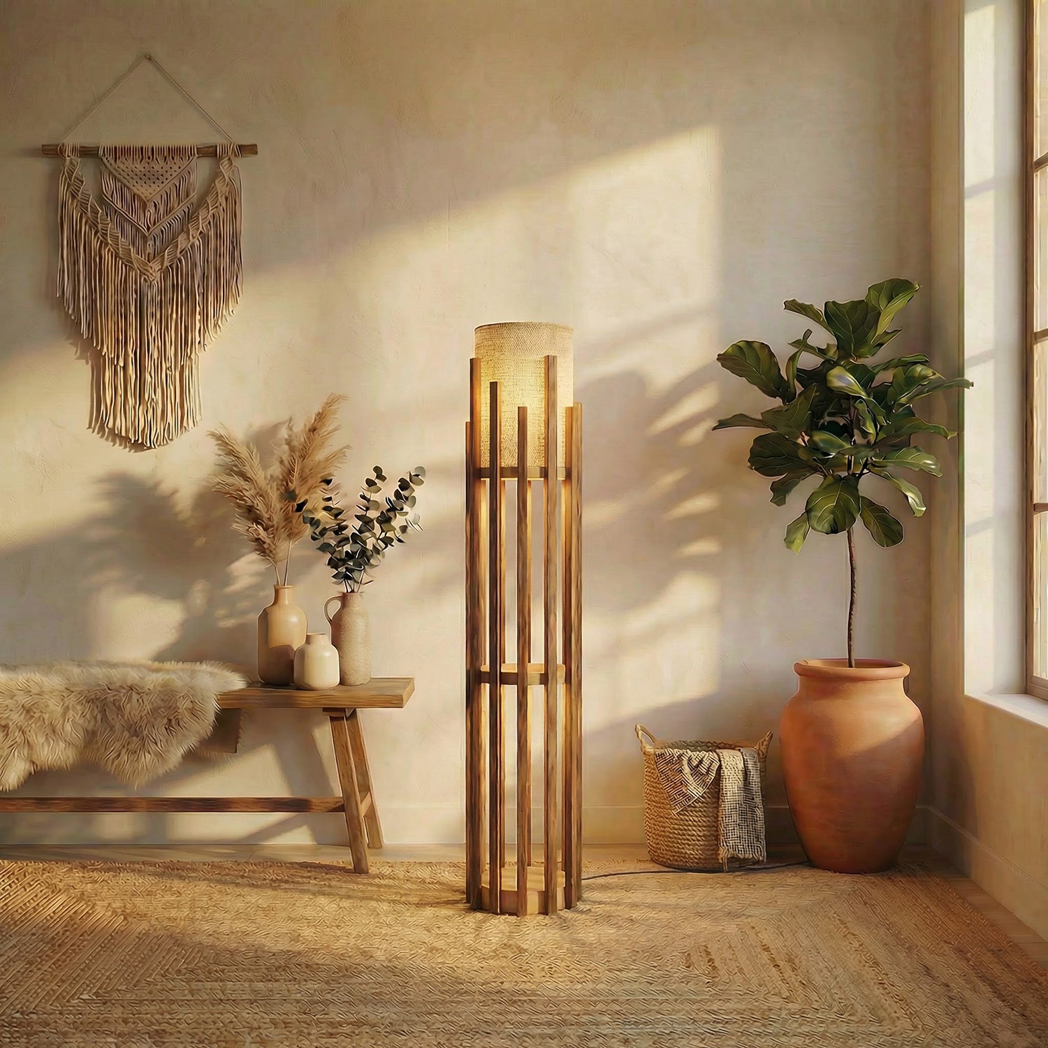 Bastian Wooden Floor Lamp with Brown Base and White Fabric Lampshade (BULB NOT INCLUDED)