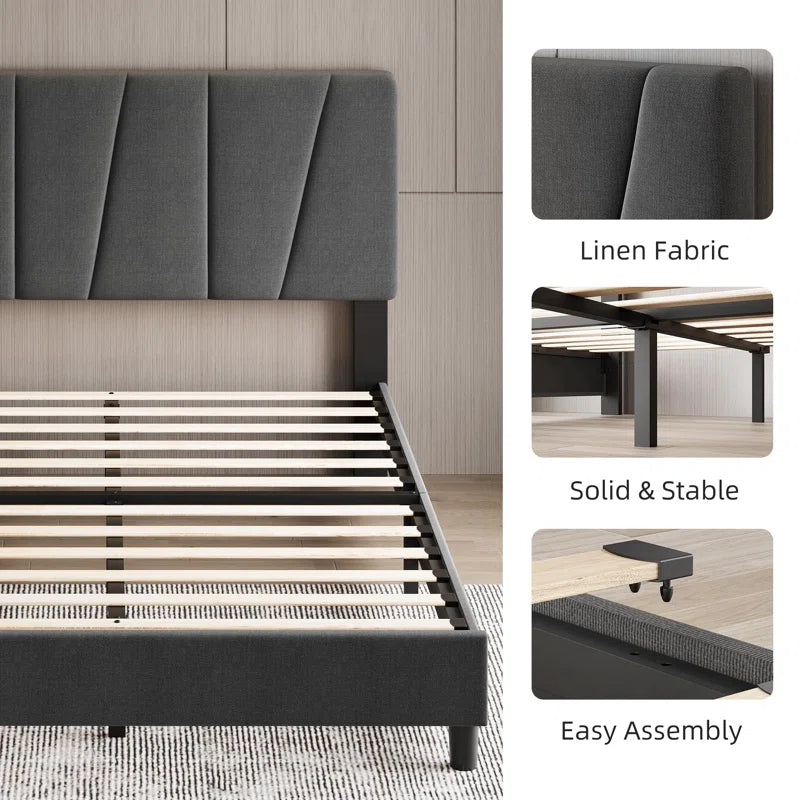 Bed Frame With Headboard Adjustable, Linen Upholstered Platform Bed With Headboard