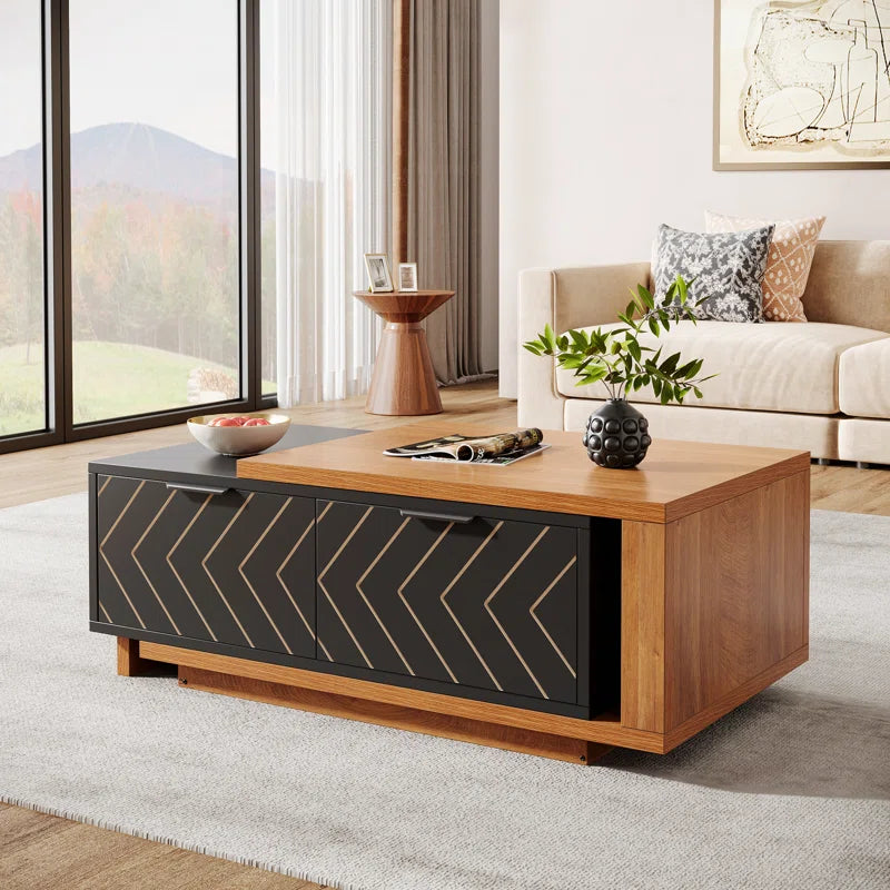 Sophisticated Dual-Tone Expandable Coffee Table with Drawers and Open Shelf