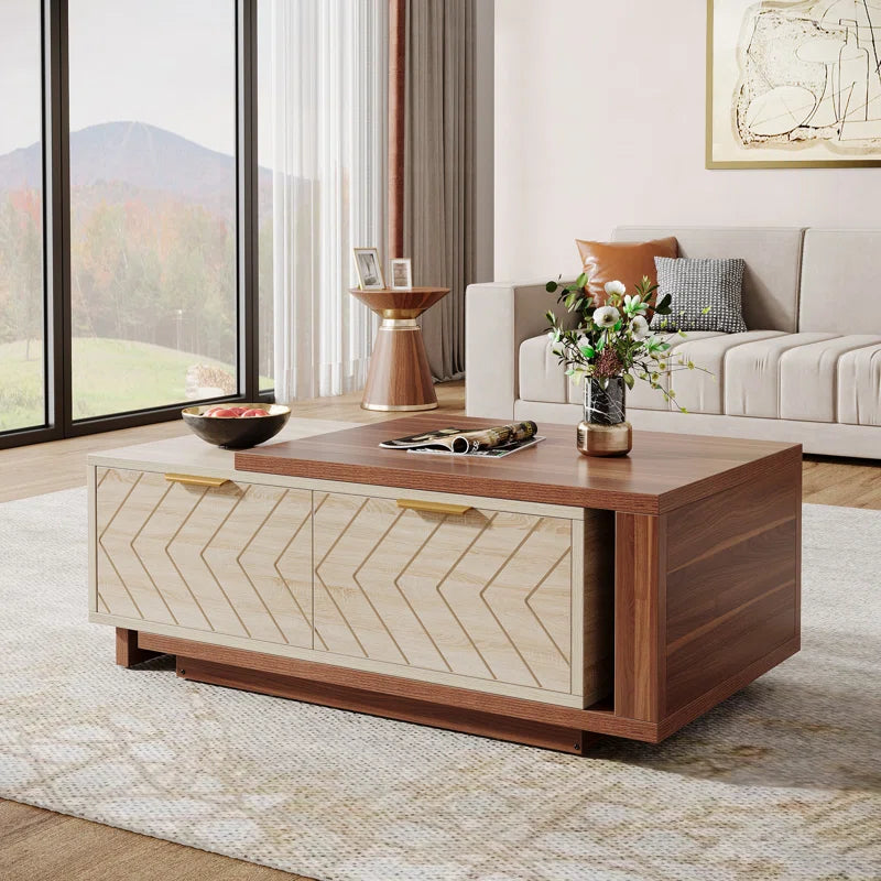 Sophisticated Dual-Tone Expandable Coffee Table with Drawers and Open Shelf