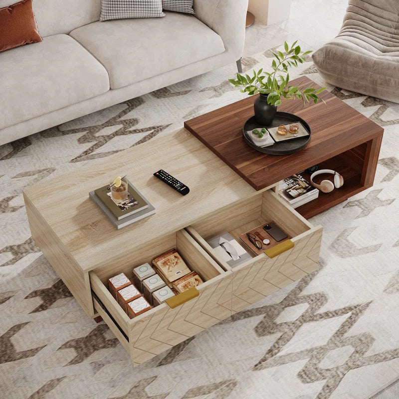 Sophisticated Dual-Tone Expandable Coffee Table with Drawers and Open Shelf