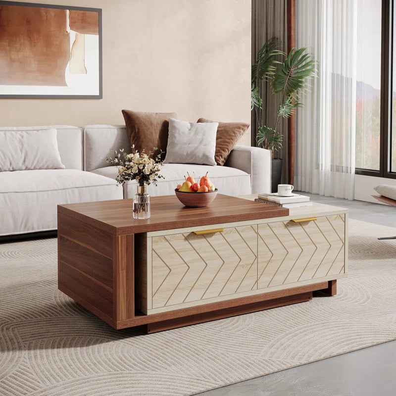 Sophisticated Dual-Tone Expandable Coffee Table with Drawers and Open Shelf