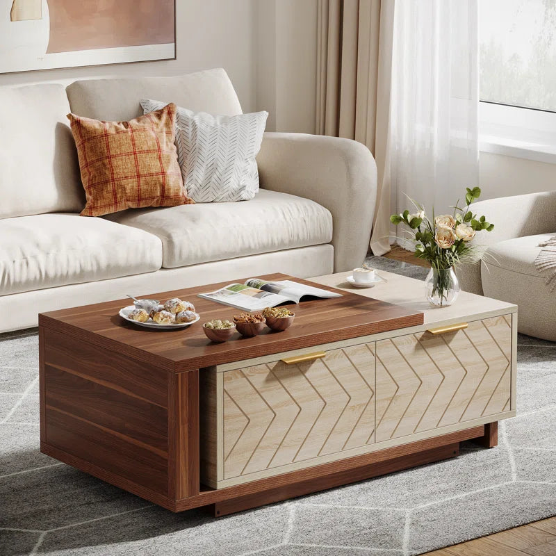 Sophisticated Dual-Tone Expandable Coffee Table with Drawers and Open Shelf