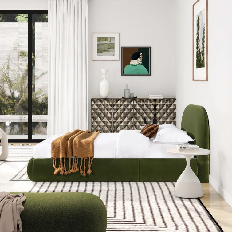Berteal Puffy Grounded Upholstered Platform Bed, Olive Green Performance Velvet