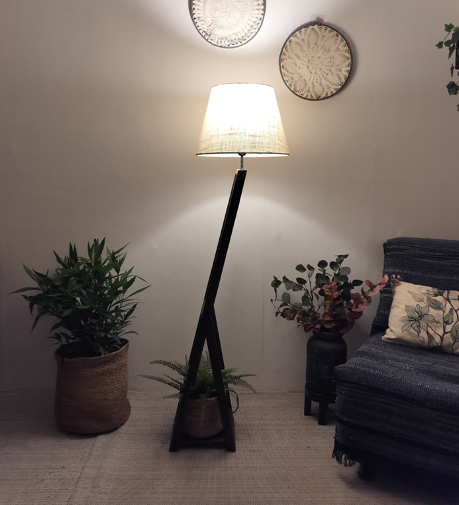 Bezalel Wooden Floor Lamp with Brown Base and Beige Fabric Lampshade (BULB NOT INCLUDED)