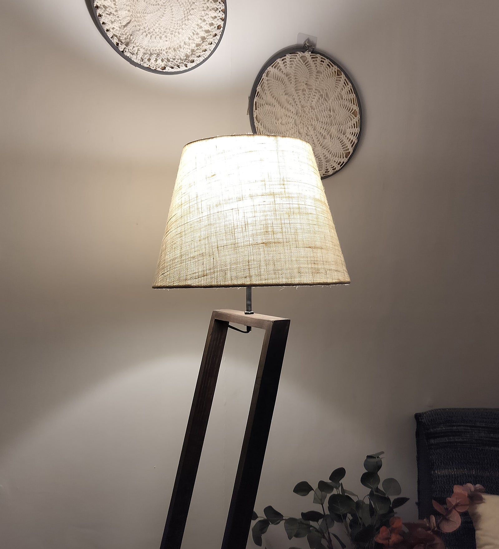 Bezalel Wooden Floor Lamp with Brown Base and Beige Fabric Lampshade (BULB NOT INCLUDED)