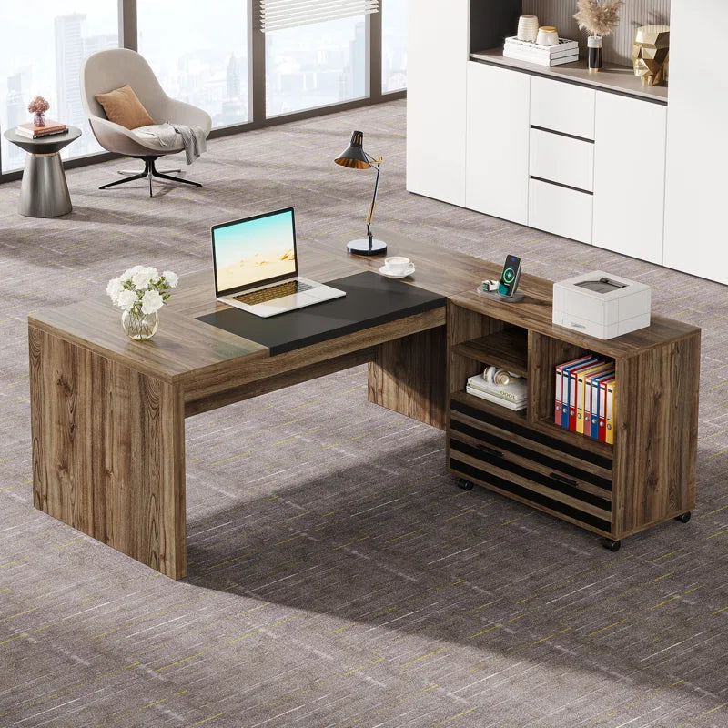 Executive Office Desk with Mobile Filing Cabinet & Storage Shelves | Large Computer Workstation for Home Office