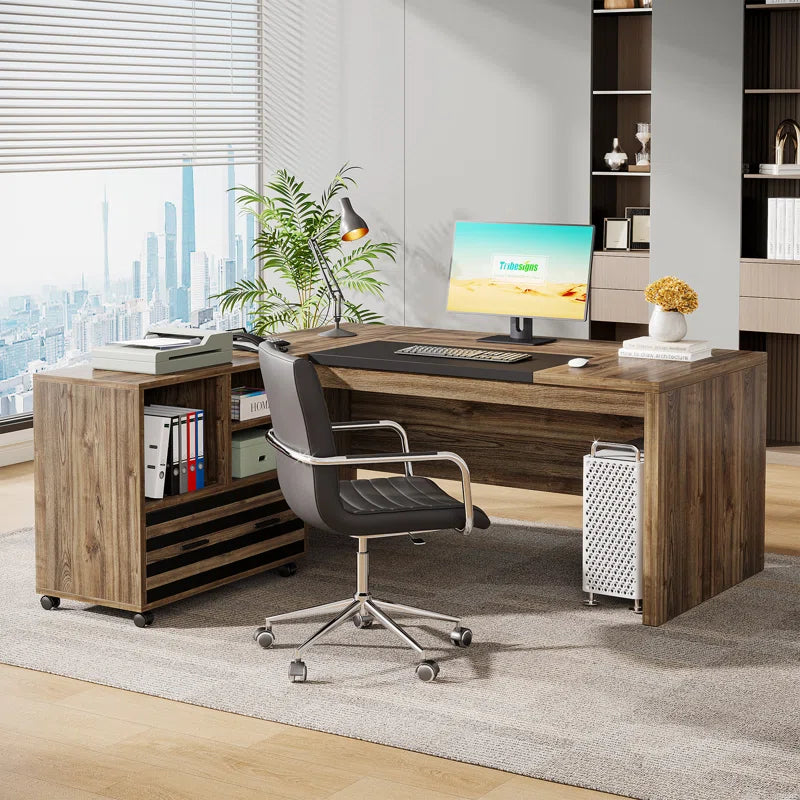 Executive Office Desk with Mobile Filing Cabinet & Storage Shelves | Large Computer Workstation for Home Office