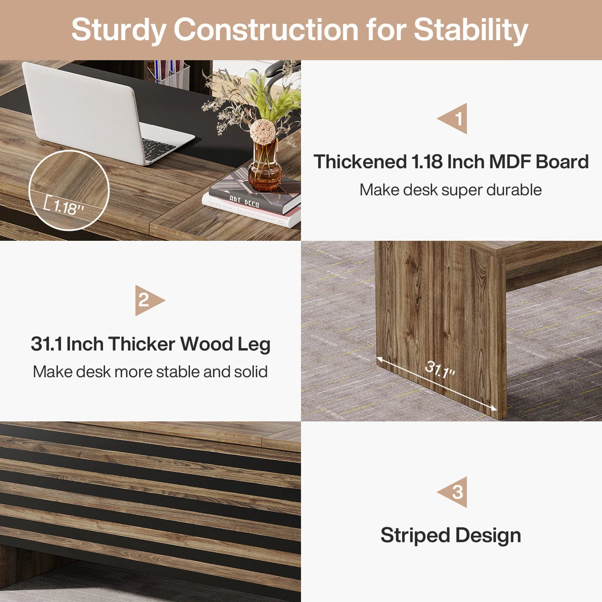 Executive Office Desk with Mobile Filing Cabinet & Storage Shelves | Large Computer Workstation for Home Office