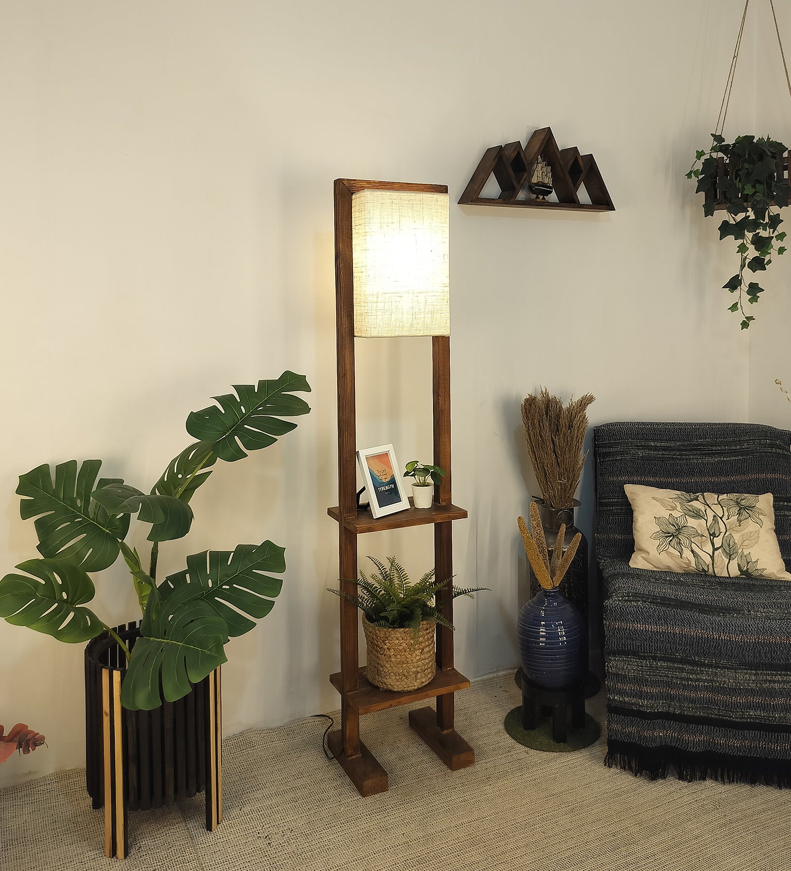 Biped Wooden Floor Lamp with Brown Base and Beige Fabric Lampshade (BULB NOT INCLUDED)