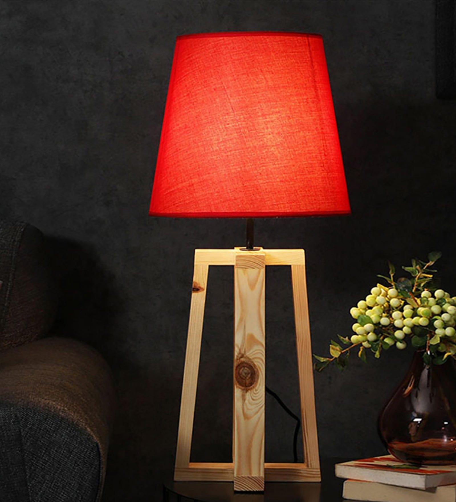 Blender Beige Wooden Table Lamp with Red Fabric Lampshade (BULB NOT INCLUDED) - Ouch Cart 