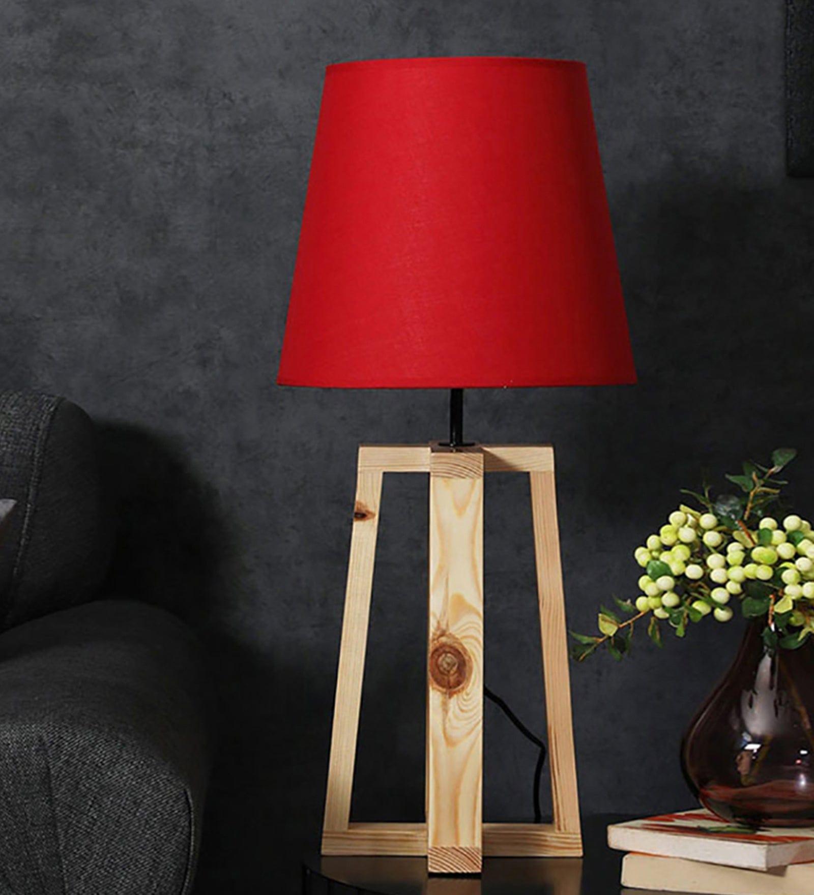 Blender Beige Wooden Table Lamp with Red Fabric Lampshade (BULB NOT INCLUDED) - Ouch Cart 