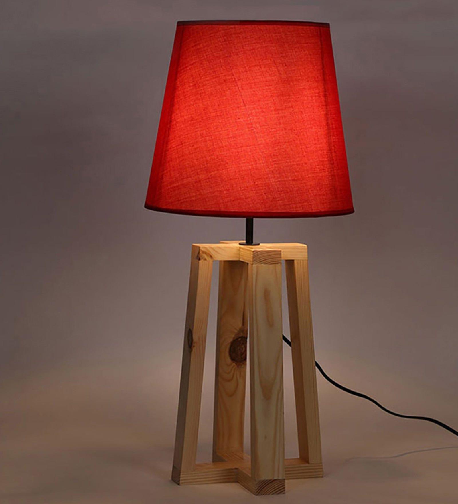 Blender Beige Wooden Table Lamp with Red Fabric Lampshade (BULB NOT INCLUDED) - Ouch Cart 