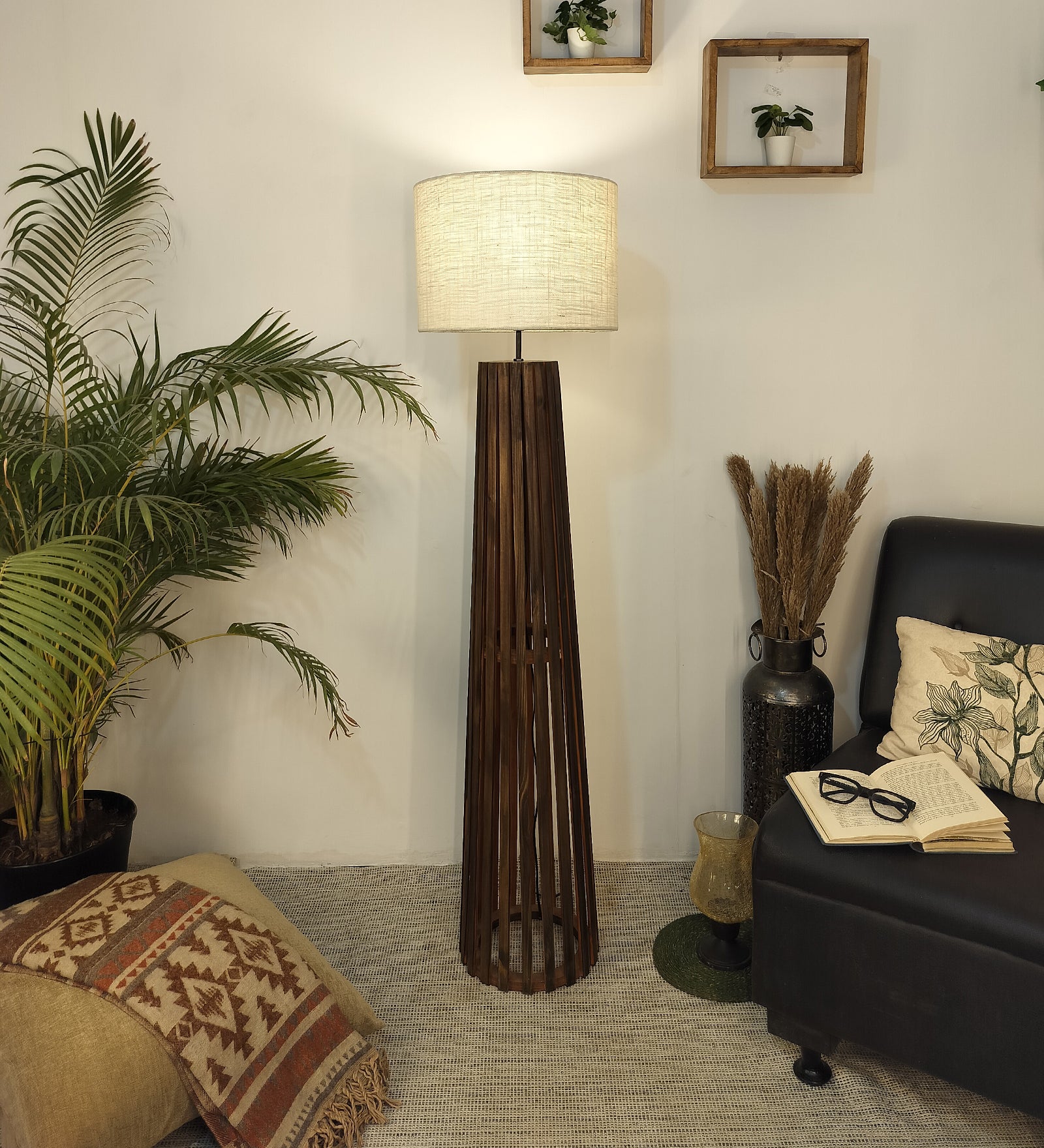 Boho Wooden Floor Lamp with Brown Base and Beige Fabric Lampshade (BULB NOT INCLUDED)