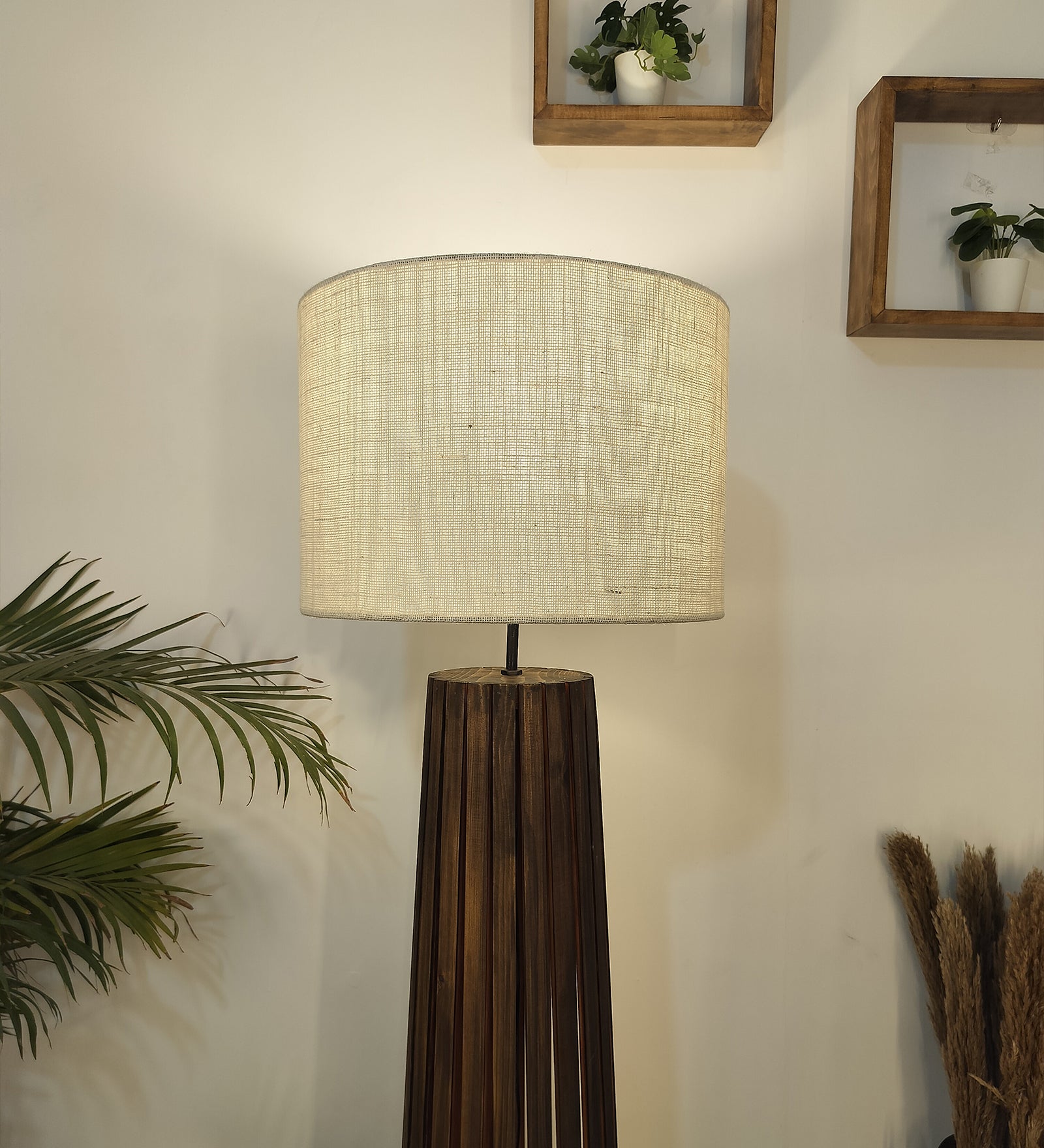 Boho Wooden Floor Lamp with Brown Base and Beige Fabric Lampshade (BULB NOT INCLUDED)