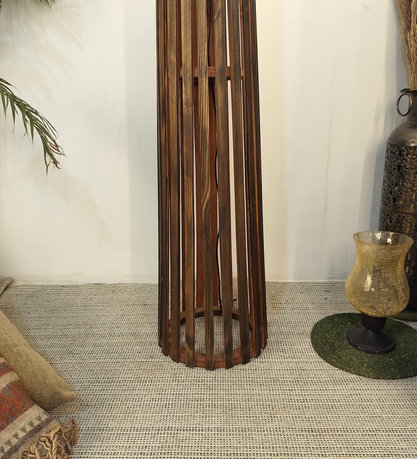 Boho Wooden Floor Lamp with Brown Base and Beige Fabric Lampshade (BULB NOT INCLUDED)