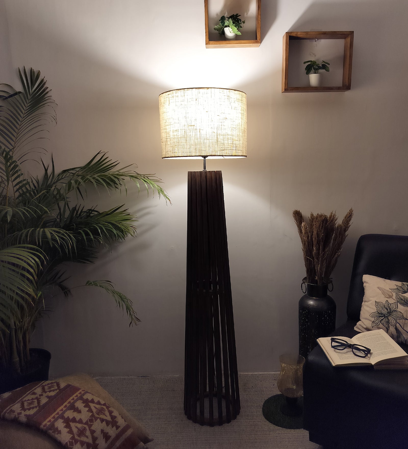 Boho Wooden Floor Lamp with Brown Base and Beige Fabric Lampshade (BULB NOT INCLUDED)