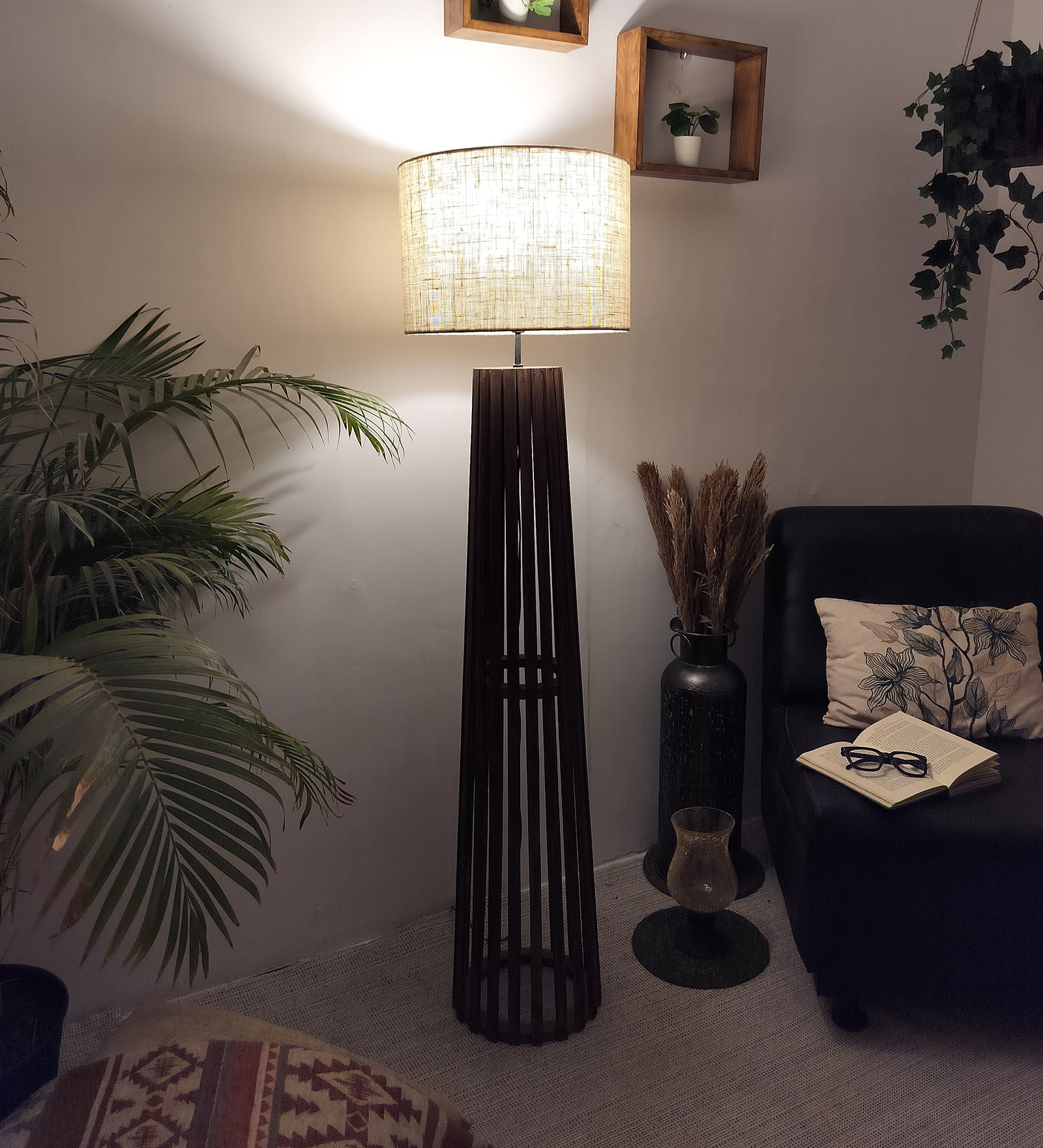 Boho Wooden Floor Lamp with Brown Base and Beige Fabric Lampshade (BULB NOT INCLUDED)