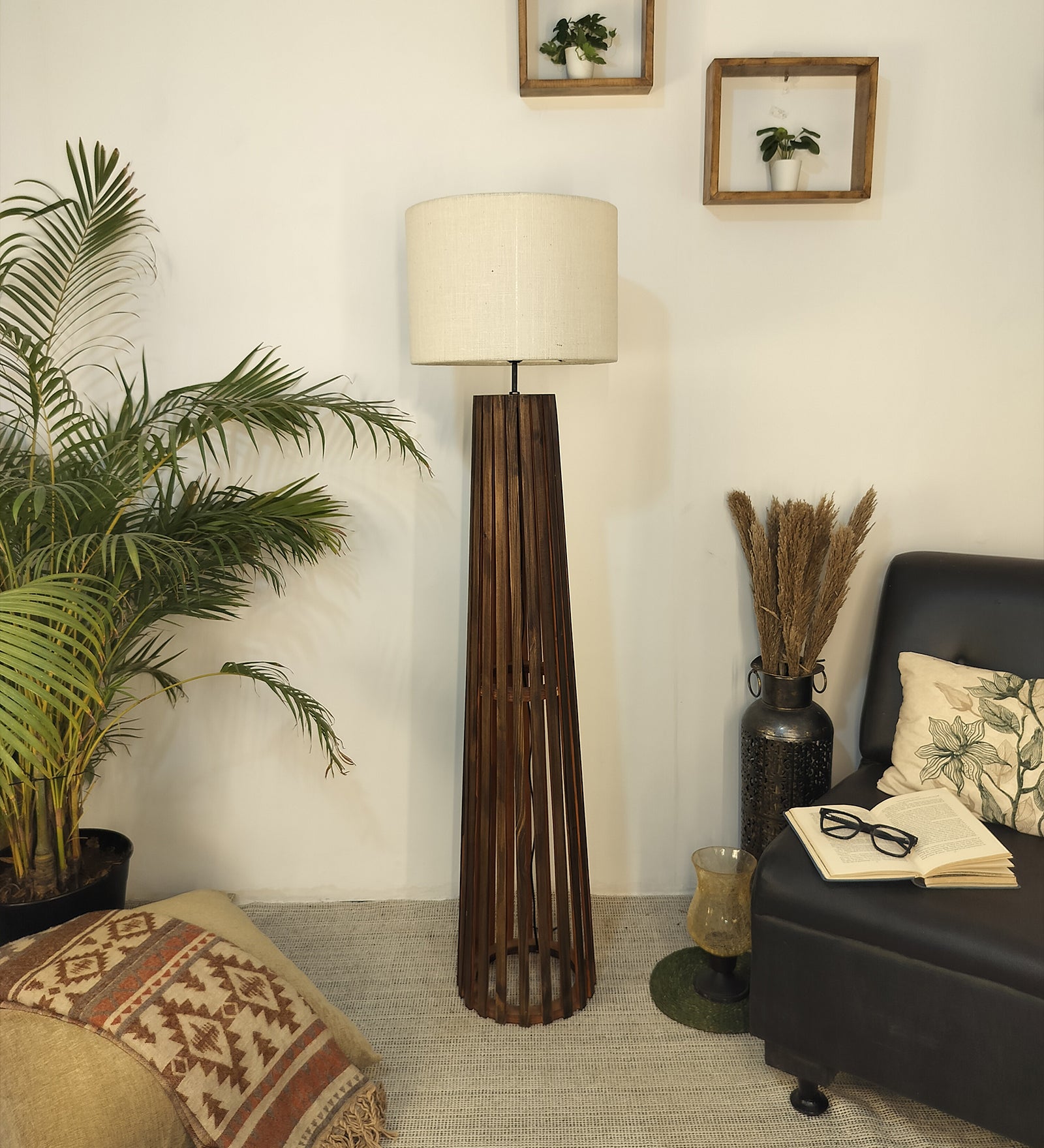 Boho Wooden Floor Lamp with Brown Base and Beige Fabric Lampshade (BULB NOT INCLUDED)