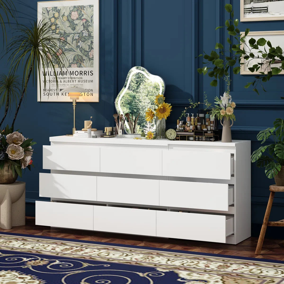 Functional Brance White 9-Drawer Makeup Vanity Desk – Convertible Design