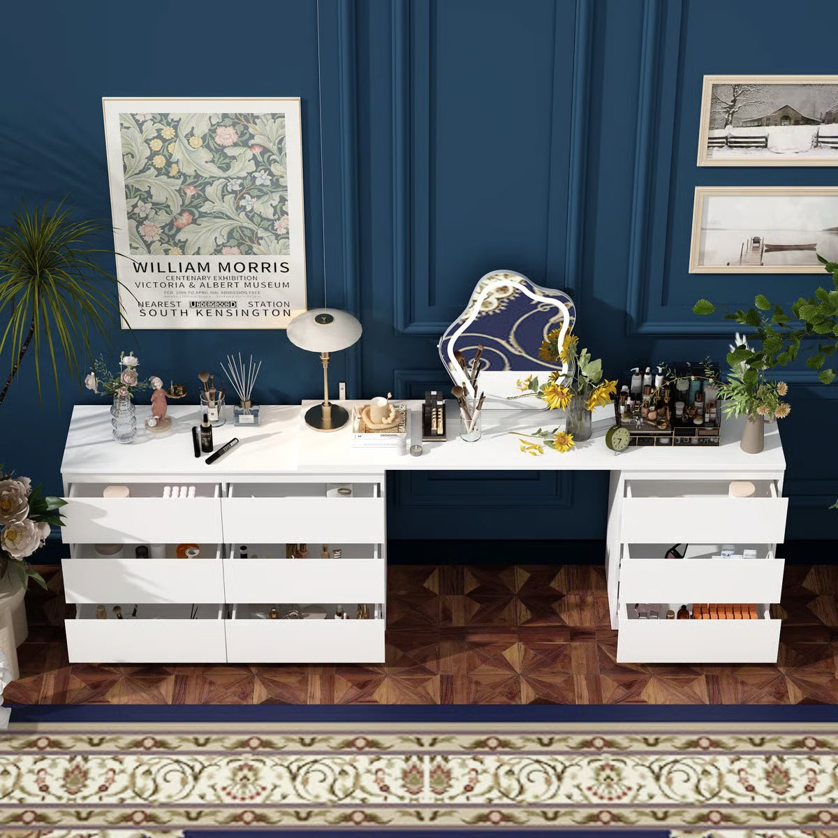 Functional Brance White 9-Drawer Makeup Vanity Desk – Convertible Design