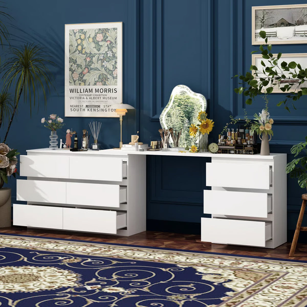 Functional Brance White 9-Drawer Makeup Vanity Desk – Convertible Design- OUCH CART | Dressing table