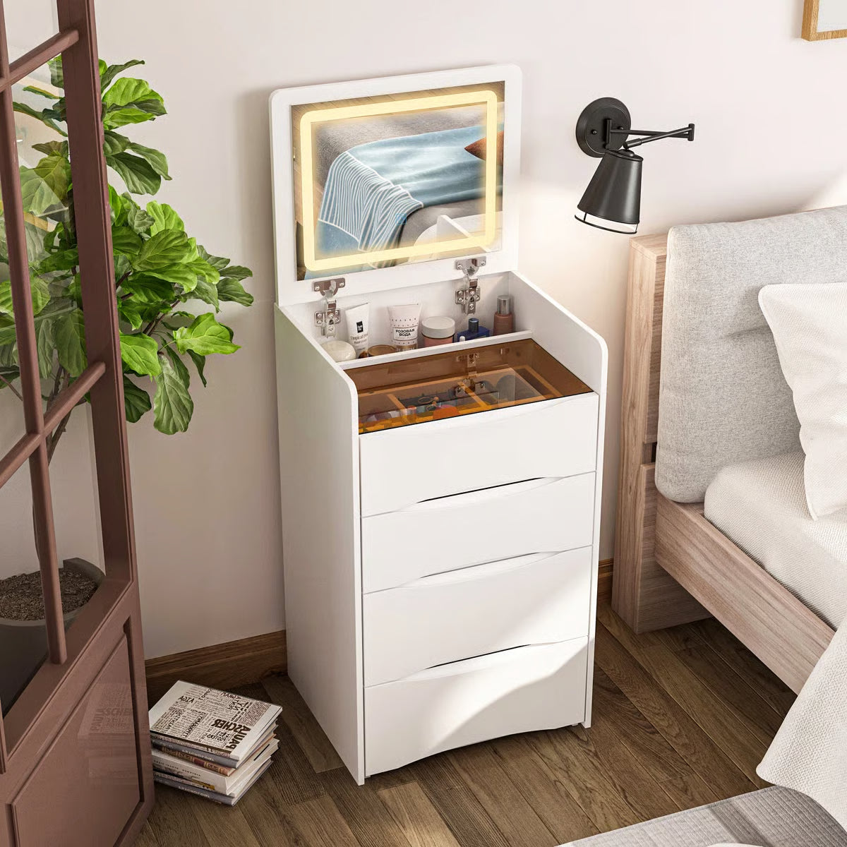 Brevyn 18.7'' Wide Makeup Vanity Table with Flip Top Lighted, Storage Makeup Stool
