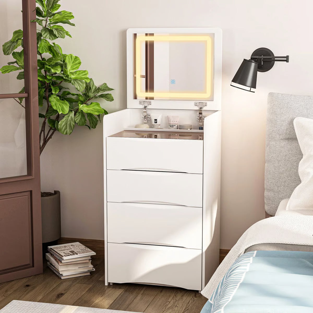 Brevyn 18.7'' Wide Makeup Vanity Table with Flip Top Lighted, Storage Makeup Stool