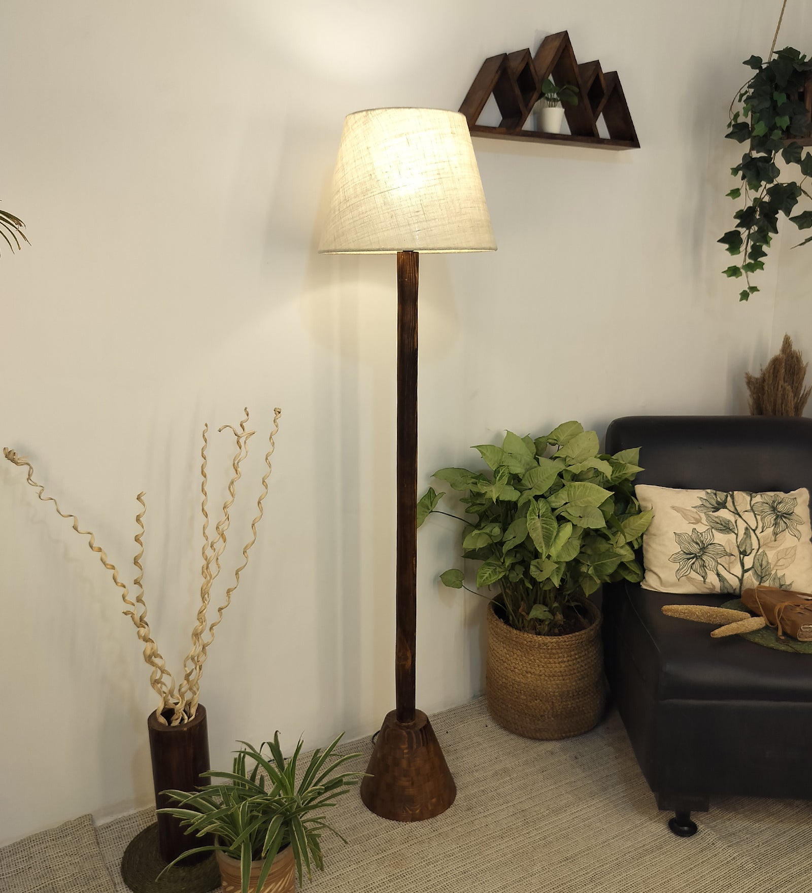 Brice Wooden Floor Lamp with Brown Base and Jute Fabric Lampshade (BULB NOT INCLUDED)