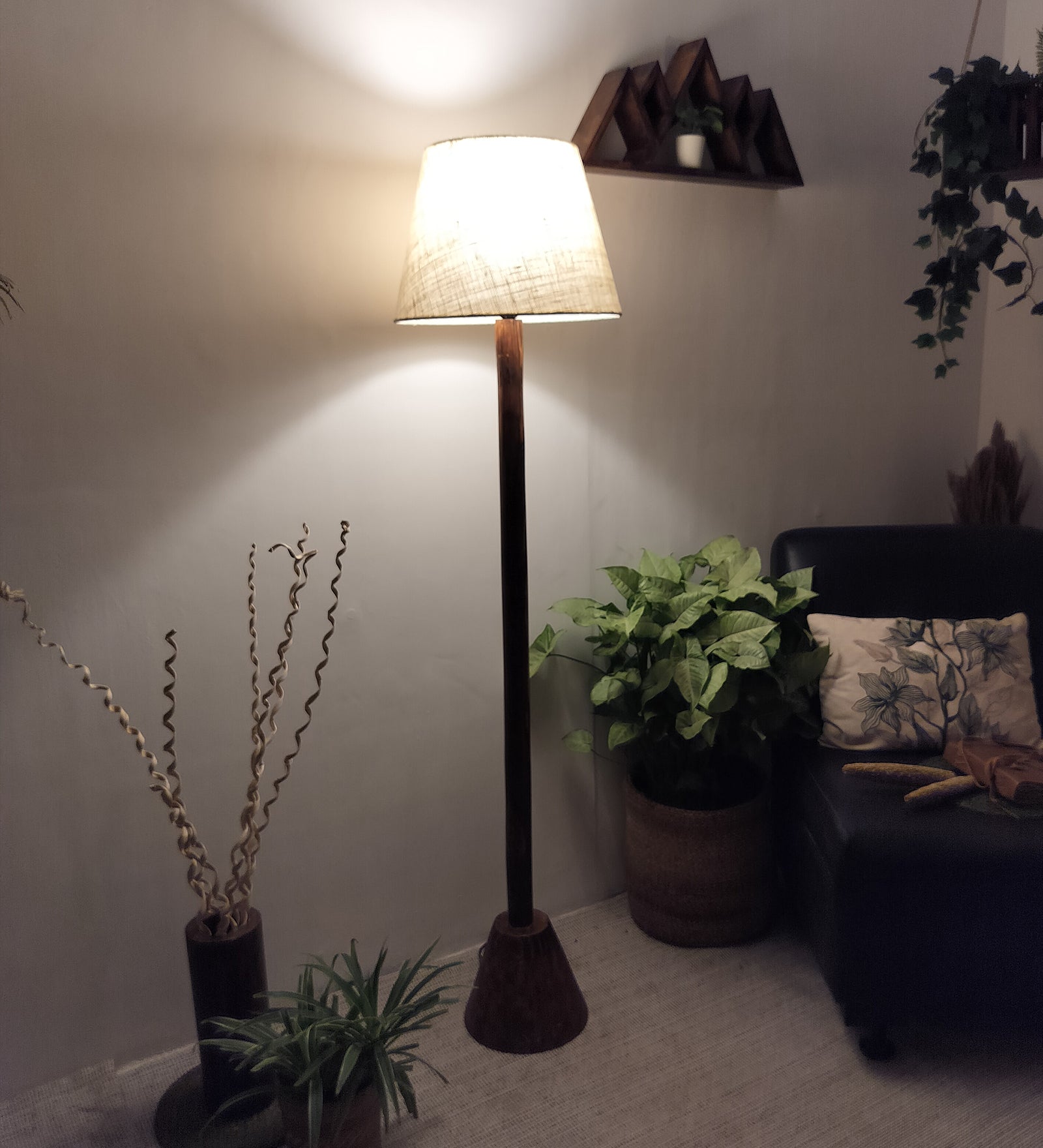 Brice Wooden Floor Lamp with Brown Base and Jute Fabric Lampshade (BULB NOT INCLUDED)